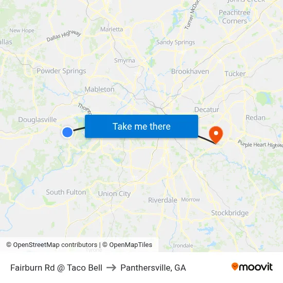 Fairburn Rd @ Taco Bell to Panthersville, GA map