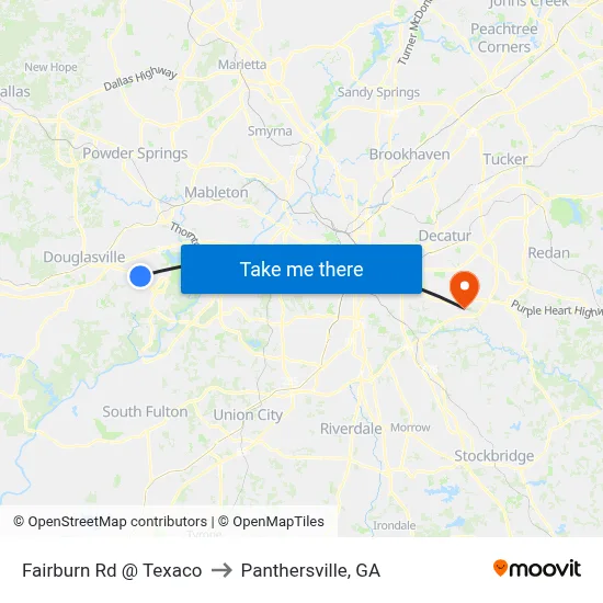 Fairburn Rd @ Texaco to Panthersville, GA map