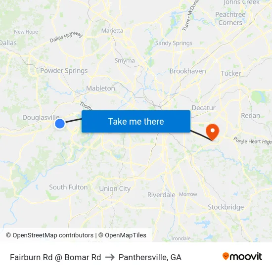 Fairburn Rd @ Bomar Rd to Panthersville, GA map