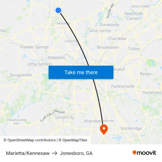 Marietta/Kennesaw to Jonesboro, GA map