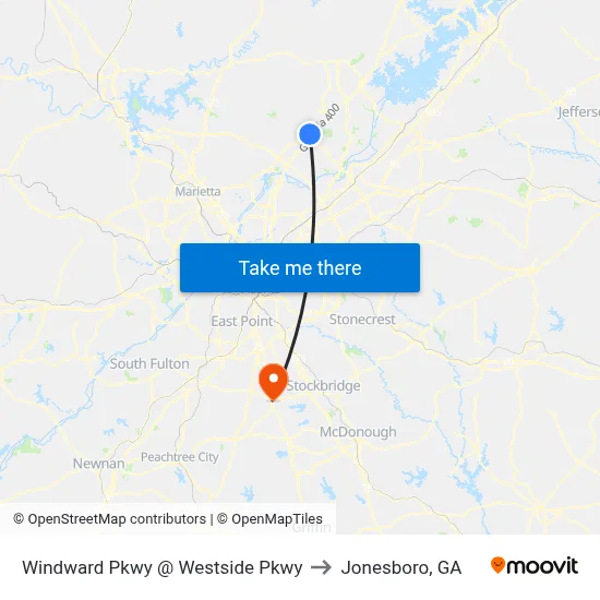 Windward Pkwy @ Westside Pkwy to Jonesboro, GA map