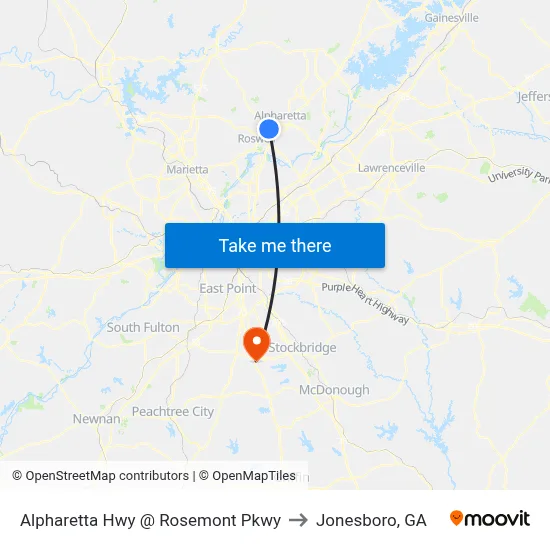 Alpharetta Hwy @ Rosemont Pkwy to Jonesboro, GA map