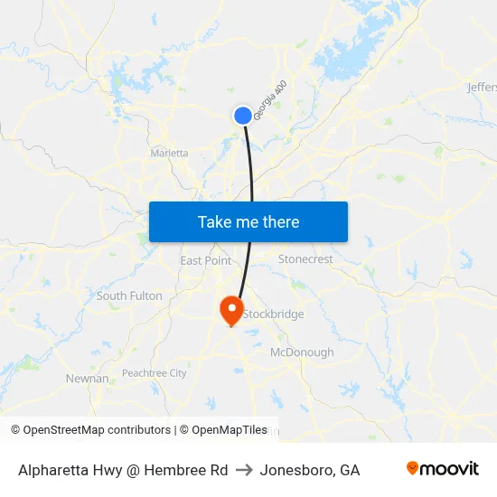 Alpharetta Hwy @ Hembree Rd to Jonesboro, GA map