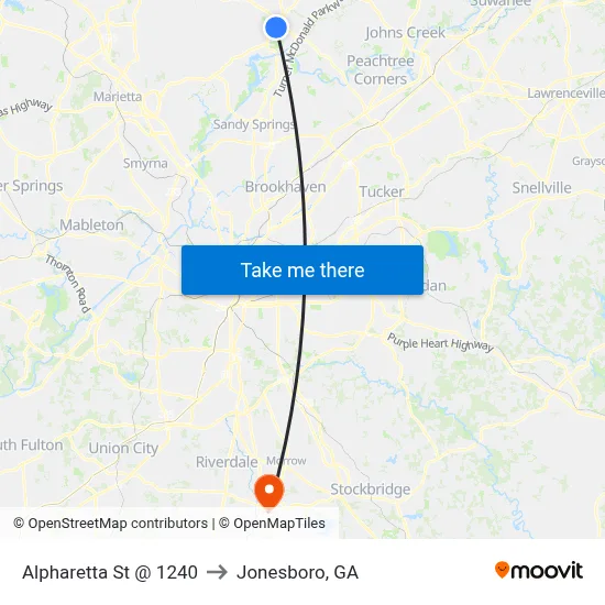 Alpharetta St @ 1240 to Jonesboro, GA map