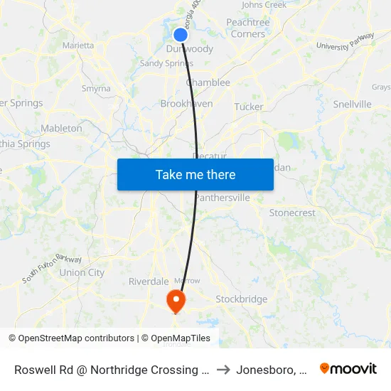 Roswell Rd @ Northridge Crossing Dr to Jonesboro, GA map