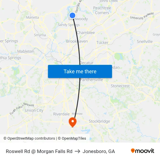 Roswell Rd @ Morgan Falls Rd to Jonesboro, GA map