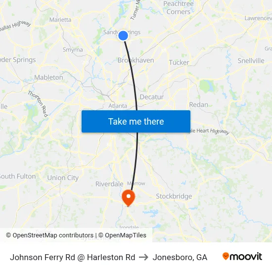 Johnson Ferry Rd @ Harleston Rd to Jonesboro, GA map