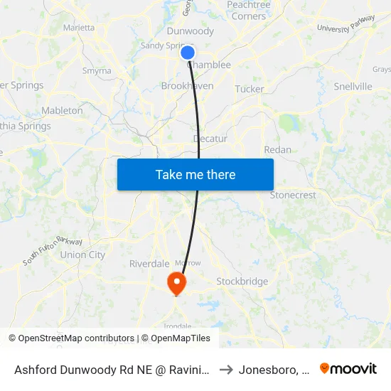 Ashford Dunwoody Rd NE @ Ravinia Dr to Jonesboro, GA map