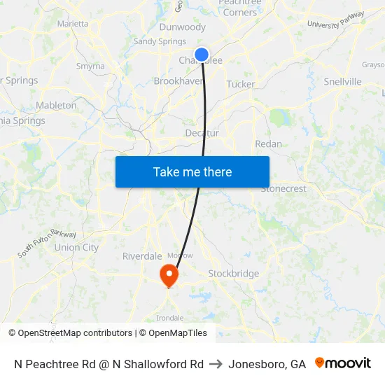 N Peachtree Rd @ N Shallowford Rd to Jonesboro, GA map