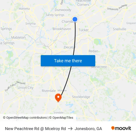 New Peachtree Rd @ Mcelroy Rd to Jonesboro, GA map