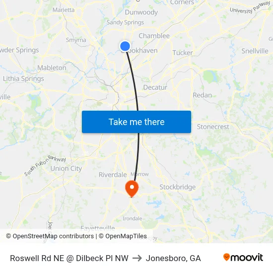 Roswell Rd NE @ Dilbeck Pl NW to Jonesboro, GA map