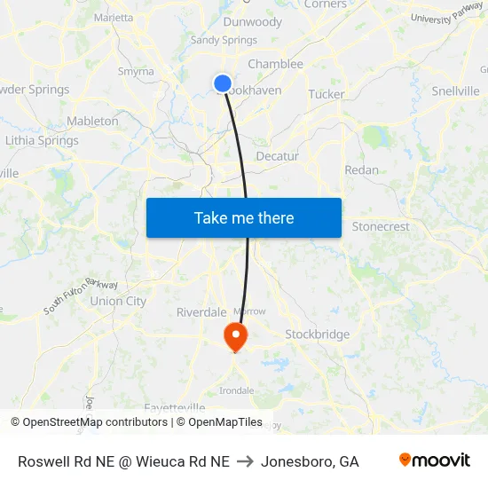 Roswell Rd NE @ Wieuca Rd NE to Jonesboro, GA map