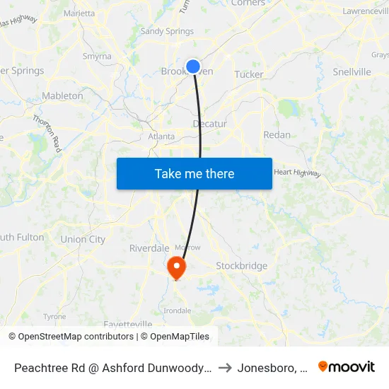 Peachtree Rd @ Ashford Dunwoody Rd to Jonesboro, GA map