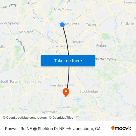 Roswell Rd NE @ Sheldon Dr NE to Jonesboro, GA map