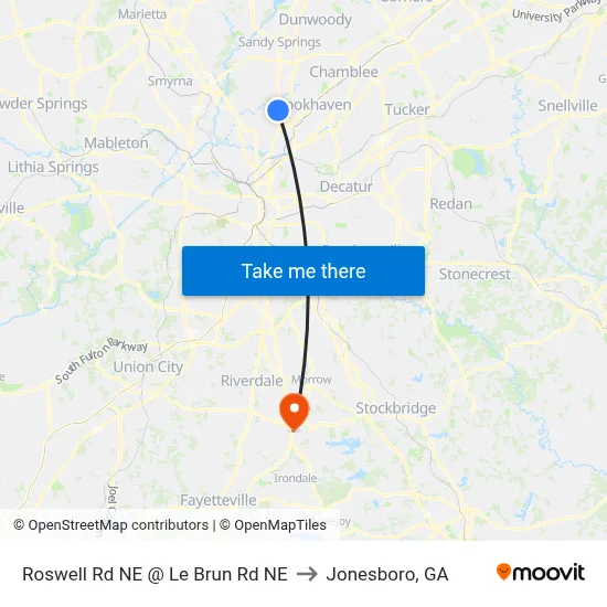 Roswell Rd NE @ Le Brun Rd NE to Jonesboro, GA map