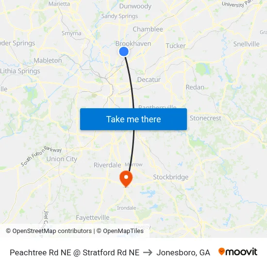 Peachtree Rd NE @ Stratford Rd NE to Jonesboro, GA map