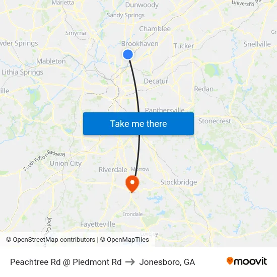Peachtree Rd @ Piedmont Rd to Jonesboro, GA map