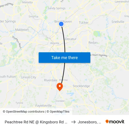 Peachtree Rd NE @ Kingsboro Rd NE to Jonesboro, GA map