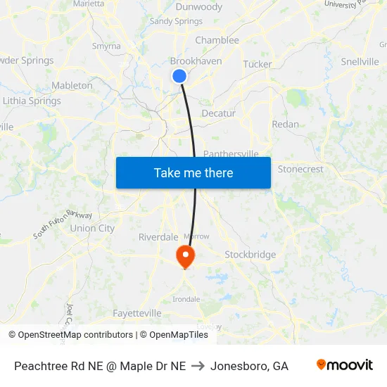 Peachtree Rd NE @ Maple Dr NE to Jonesboro, GA map