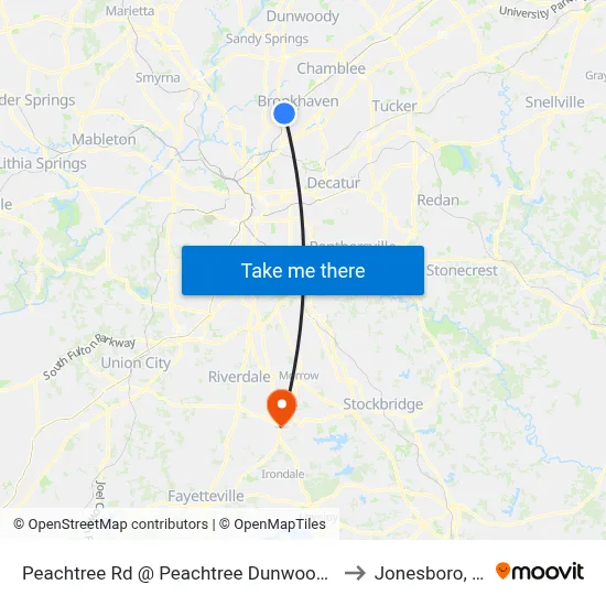 Peachtree Rd @ Peachtree Dunwoody Rd to Jonesboro, GA map