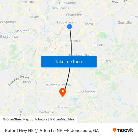 Buford Hwy NE @ Afton Ln NE to Jonesboro, GA map