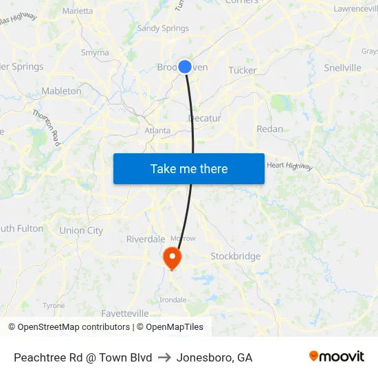 Peachtree Rd @ Town Blvd to Jonesboro, GA map