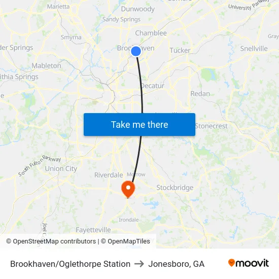 Brookhaven/Oglethorpe Station to Jonesboro, GA map