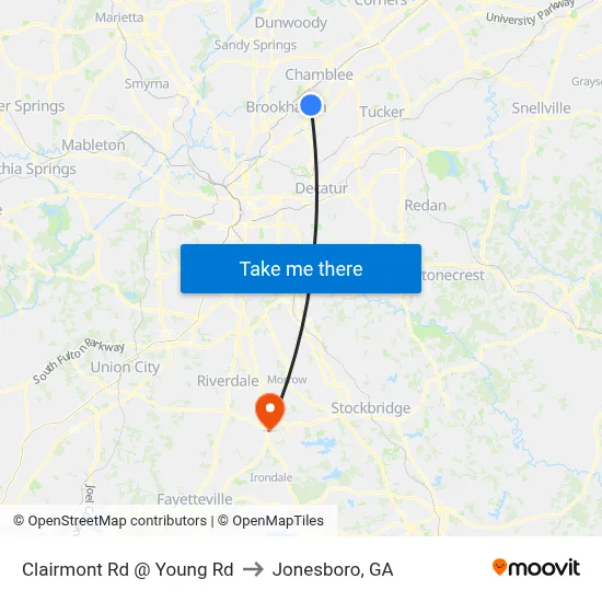 Clairmont Rd @ Young Rd to Jonesboro, GA map