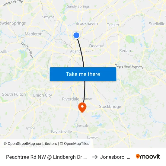 Peachtree Rd NW @ Lindbergh Dr NE to Jonesboro, GA map