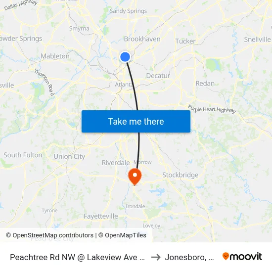 Peachtree Rd NW @ Lakeview Ave NE to Jonesboro, GA map