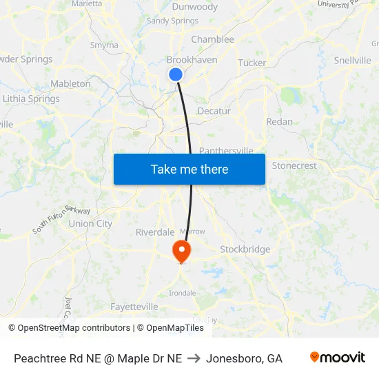 Peachtree Rd NE @ Maple Dr NE to Jonesboro, GA map