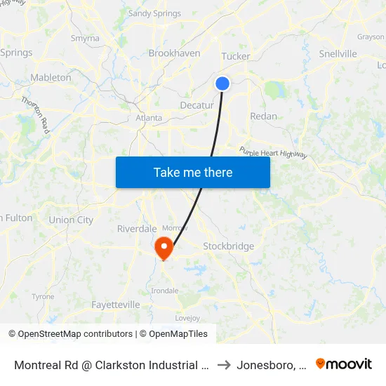 Montreal Rd @ Clarkston Industrial Blvd to Jonesboro, GA map