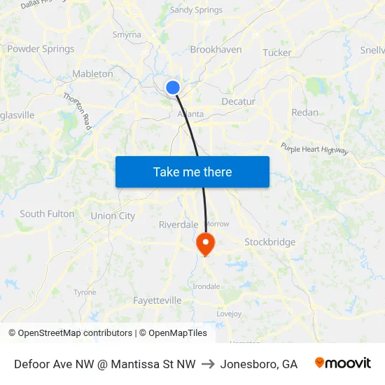 Defoor Ave NW @ Mantissa St NW to Jonesboro, GA map