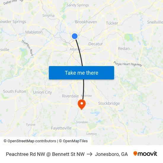 Peachtree Rd NW @ Bennett St NW to Jonesboro, GA map