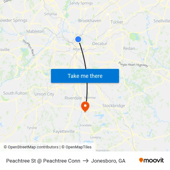 Peachtree St @ Peachtree Conn to Jonesboro, GA map