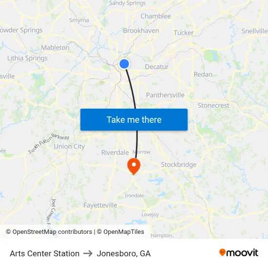 Arts Center Station to Jonesboro, GA map