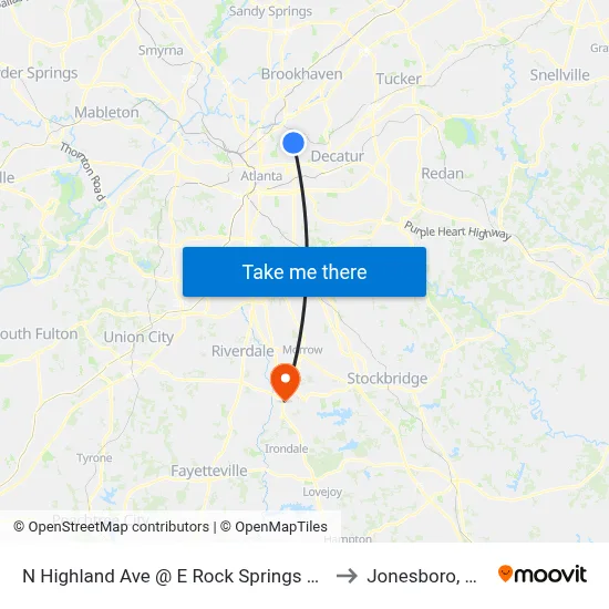N Highland Ave @ E Rock Springs Rd to Jonesboro, GA map