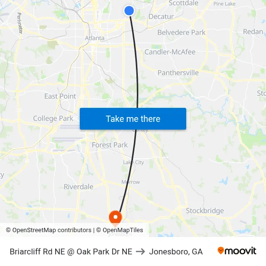 Briarcliff Rd NE @ Oak Park Dr NE to Jonesboro, GA map