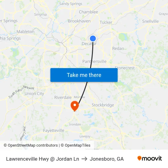 Lawrenceville Hwy @ Jordan Ln to Jonesboro, GA map