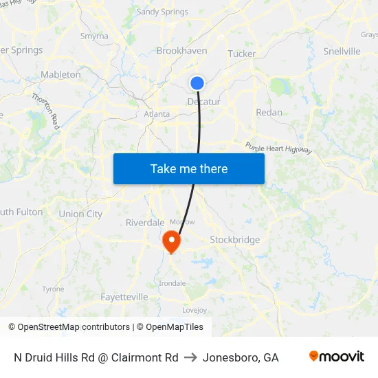 N Druid Hills Rd @ Clairmont Rd to Jonesboro, GA map