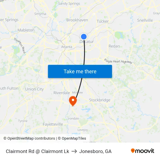 Clairmont Rd @ Clairmont Lk to Jonesboro, GA map