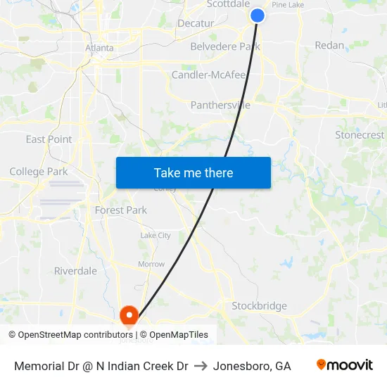 Memorial Dr @ N Indian Creek Dr to Jonesboro, GA map