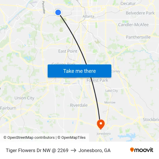Tiger Flowers Dr NW @ 2269 to Jonesboro, GA map
