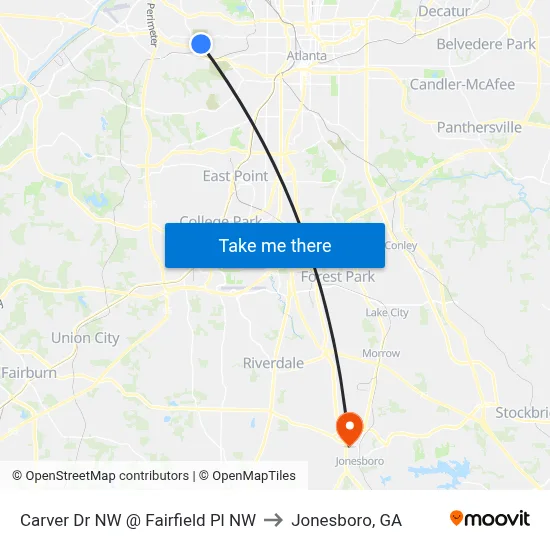 Carver Dr NW @ Fairfield Pl NW to Jonesboro, GA map