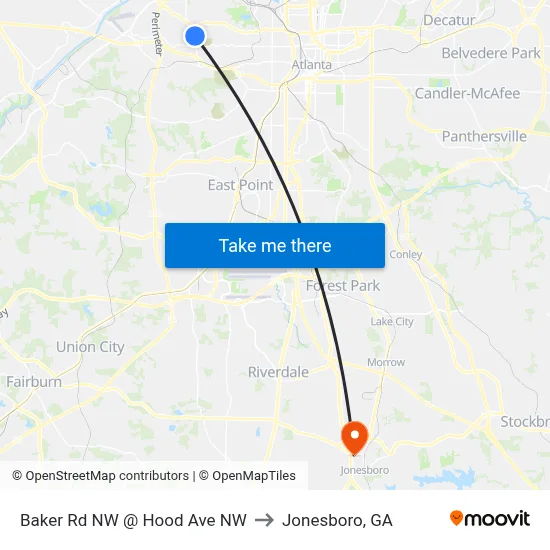 Baker Rd NW @ Hood Ave NW to Jonesboro, GA map