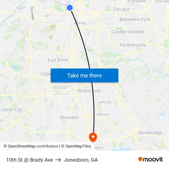 10th St @ Brady Ave to Jonesboro, GA map