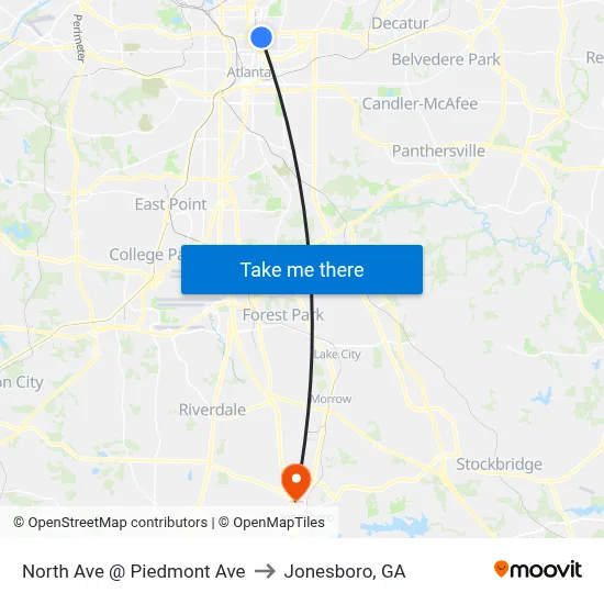 North Ave @ Piedmont Ave to Jonesboro, GA map