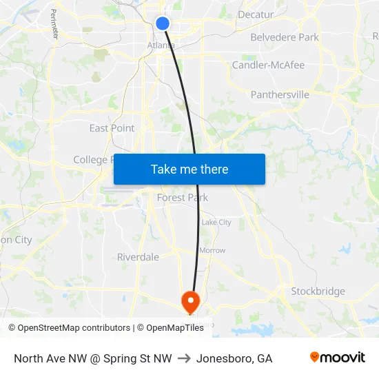 North Ave NW @ Spring St NW to Jonesboro, GA map