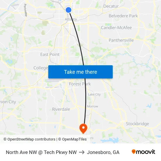 North Ave NW @ Tech Pkwy NW to Jonesboro, GA map
