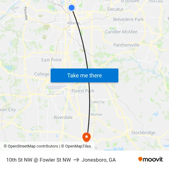 10th St NW @ Fowler St NW to Jonesboro, GA map